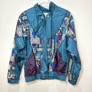Vintage 80s Womens Windbreaker Jacket sz L Teal Blue Retro Throwback Nostalgia